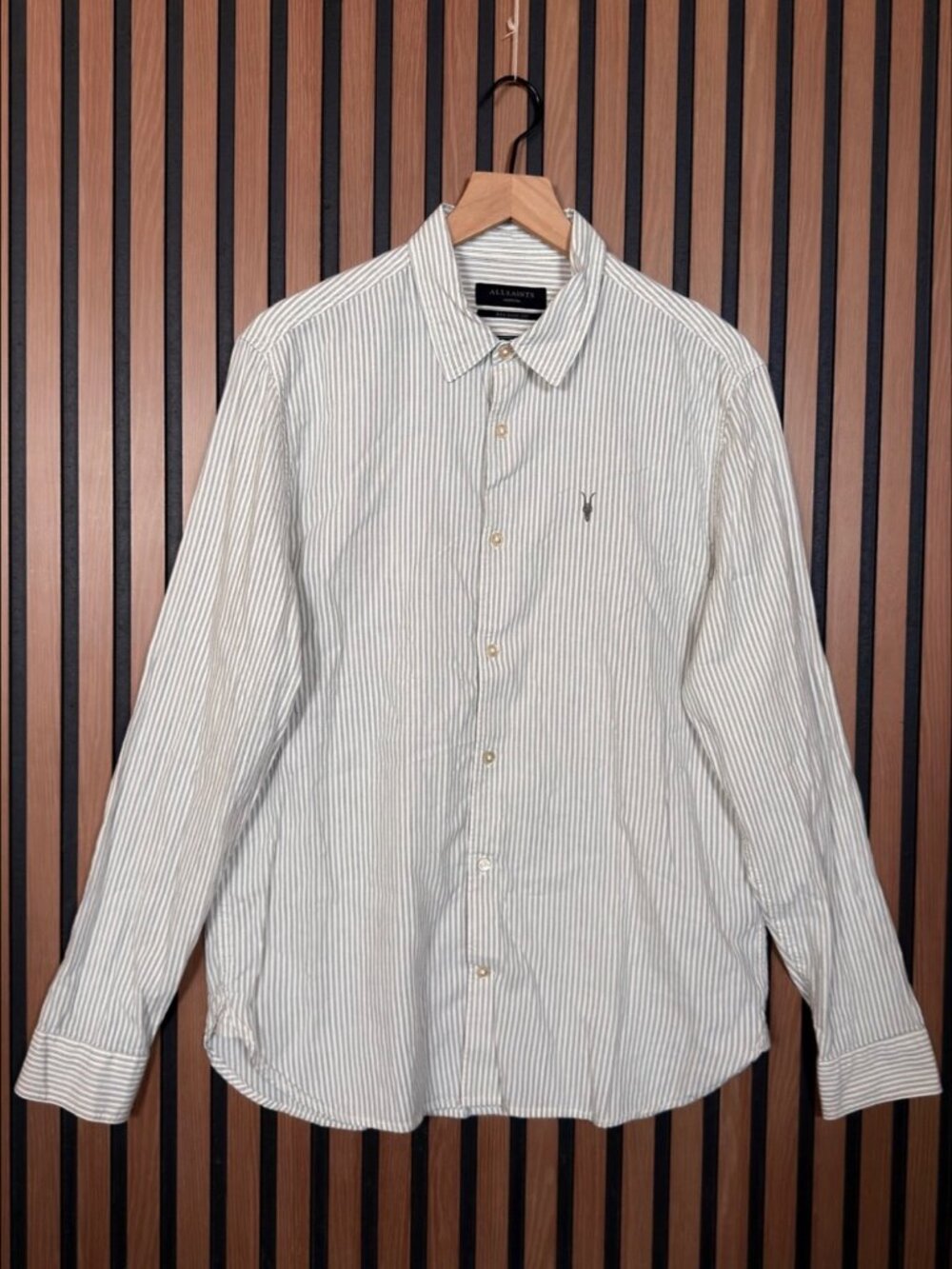 AllSaints Shirt Medium White Gray Long Sleeve Striped Villard Button Up Collared